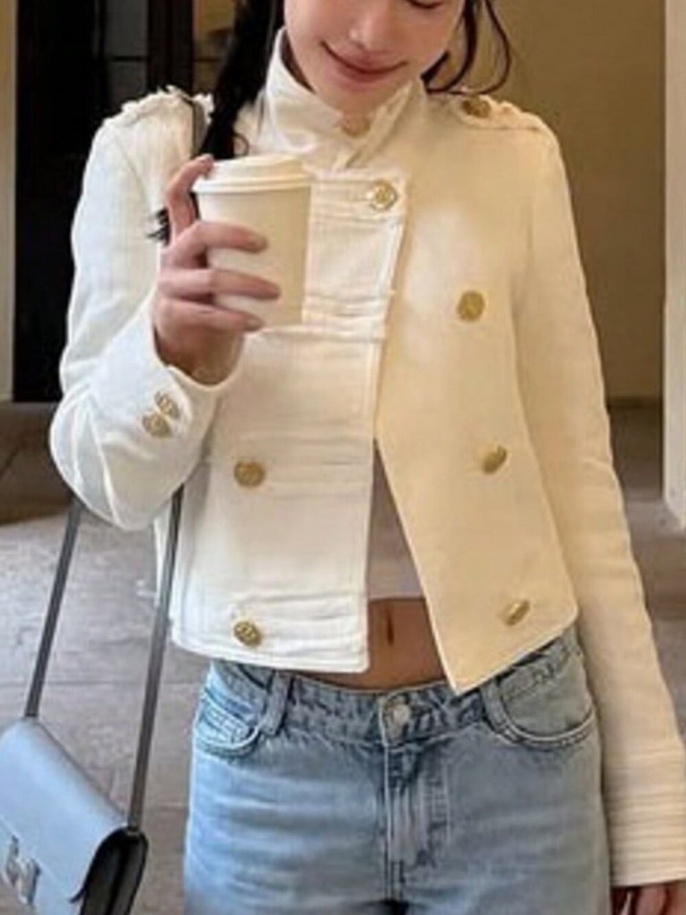 White Casual Women's Elegant Gold-Plated Button Jacket - Picture 7 of 10